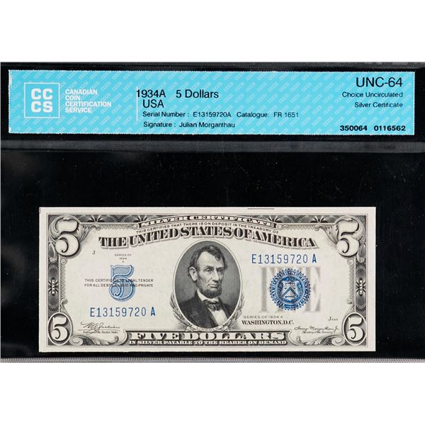USA; 1934 $5 Fr#1651 #E13159720, CCCS CH UNC64 OPQ.  Lot of 2 notes.