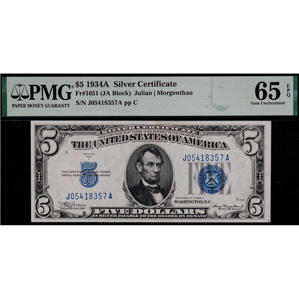USA 1934 $5 Fr#1651 #JO5418357A, PMG UNC65EPQ.