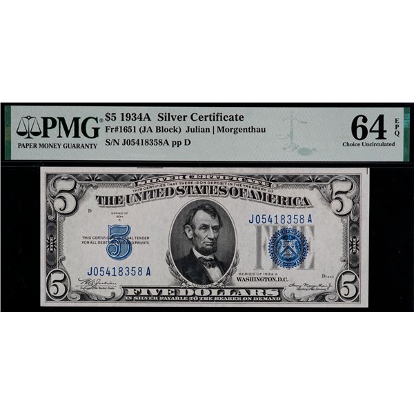 USA 1934 $5 Fr#1651 #JO5418358A, PMG UNC64EPQ.