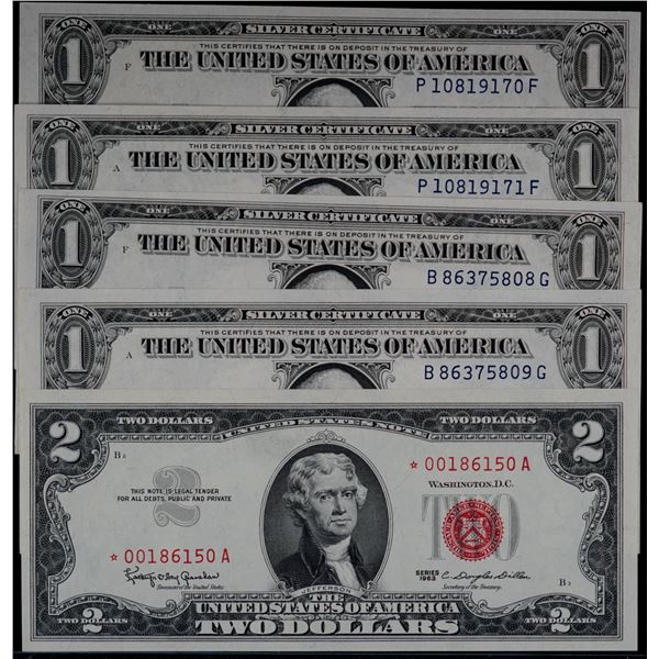 USA;  1935 $1 #B86375808G-809, #P10819170F-171 & 1963 $2 #*00186150A Star Note.  Includes Wide/Narro