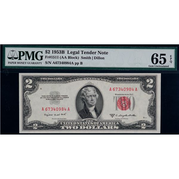 USA 1953B $2 Fr#1511 #A67340984A, PMG UNC65EPQ.