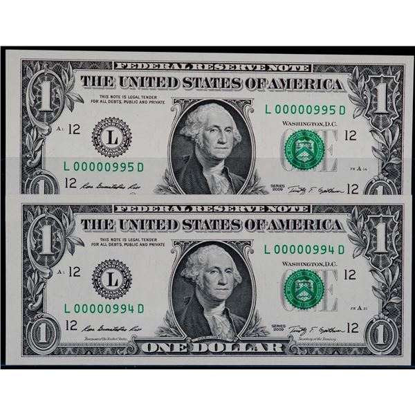 USA Low Number; 2009 $1 #L00000994D-995D both Unc or better.