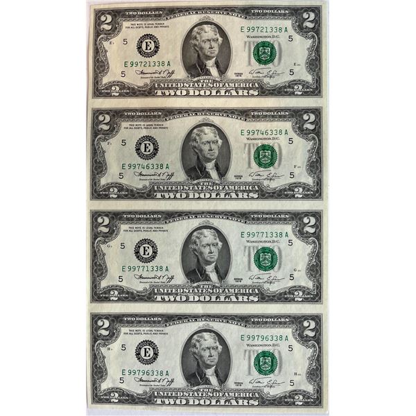 USA Mint;  1976 $2 #E99721338-46338-71338-96338 Sheet of 4  notes in original Treasury Department's 