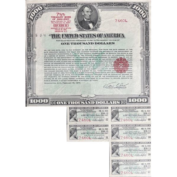 USA;  1977 $1000 U.S. Treasury Uncancelled 30 Year Bearer Bond - 1977.  Scarce and seldom offered.