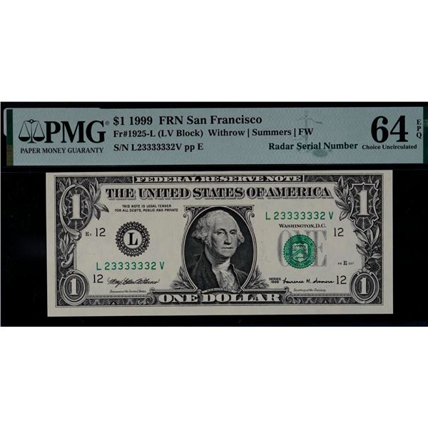 USA;  1999 $1 FR#1925-L #L23333332V, PMG UNC64EPQ.