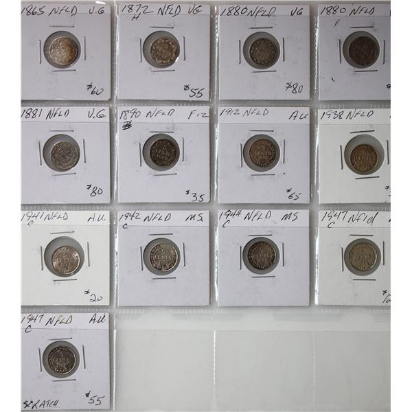 Nfld 1865 5¢, 1872H, 1880 (2), 1881, 1890, 1912, 1938, 1941-C, 1942-C, 1944-C, 1947-C (2) Grades var