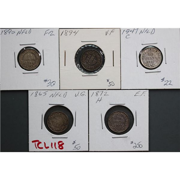 Nfld 1865 10¢, 1872H, 1890, 1894, 1947-C.  Grades vary Fine-12 to EF-45.  Lot of 5 coins.
