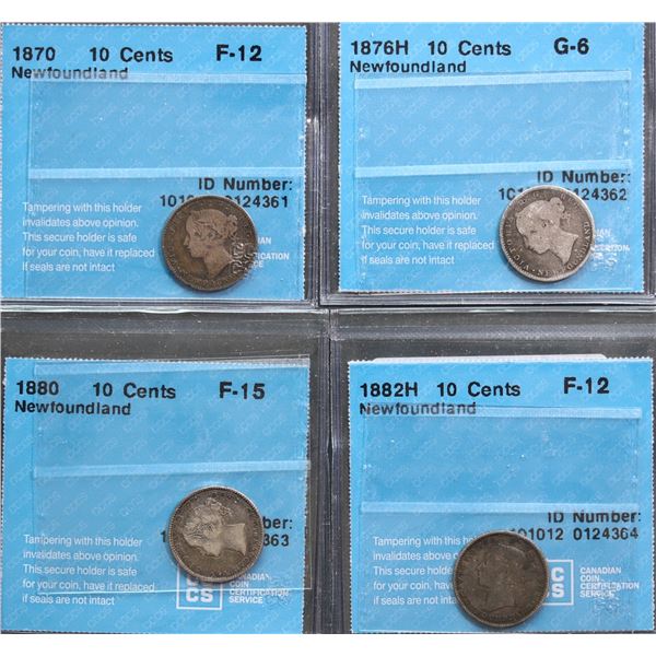 Nfld 1870 10¢, 1876H, 1880, 1882H, lot of 4 CCCS graded coins.  Grades vary Good-6 to Choice Fine-15