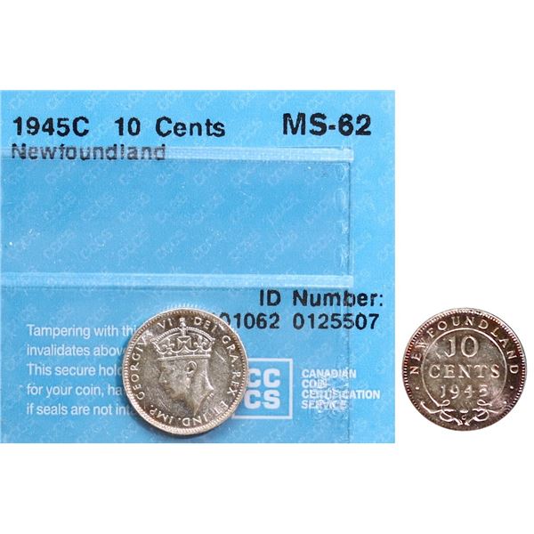 Nfld 1945-C 10¢ CCCS Choice Mint State-62, Lustrous