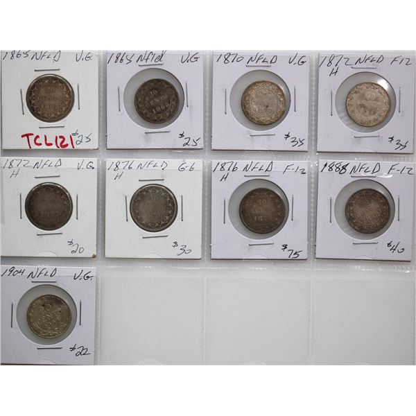 Nfld 1865 20¢ (2), 1870, 1872H (2), 1876H (2), 1888, 1904H.  Grades vary G-6 to Very Good-10.  lot o