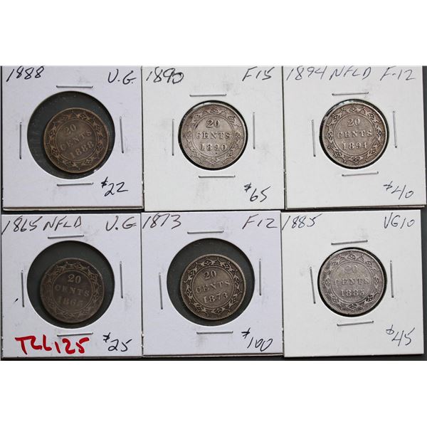 Nfld 1865 20¢, 1873, 1885, 1888, 1890, 1894.  All Very Good-10 to Choice Fine-15.  Lot of 6 coins.