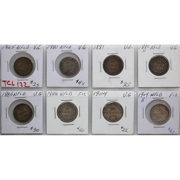 Nfld 1865 20¢, 1880, 1881, 1882H, 1885, 1888, 1904H (2).  All VG to Fine.  Lot of 8 coins.