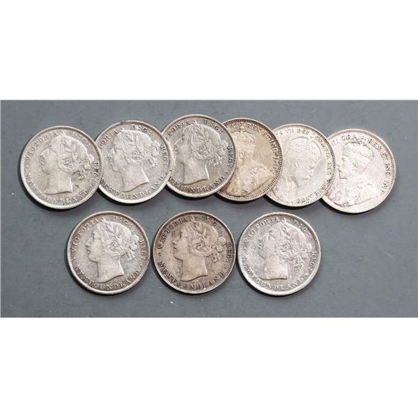 Nfld 1870 20¢, 1880, 1882H, 1890, 1894 (2), 1904H, 1912, 1917-C.  All VF or better.  Lot of 9 coins.