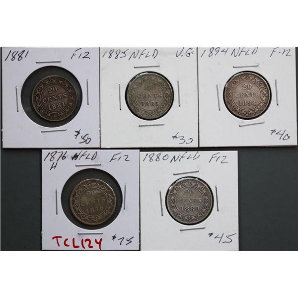 Nfld 1876H 20¢, 1880, 1881, 1885, 1894 All Fine-12 or better.  Lot of 5 coins.