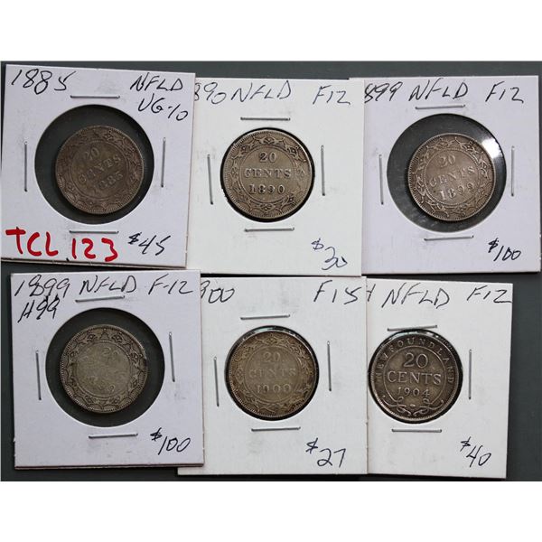 Nfld 1885 20¢, 1890, 1899, 1899 Hooked 99, 1900, 1904H All Fine-12 to Very Fine-20.  Lot of 6 coins.