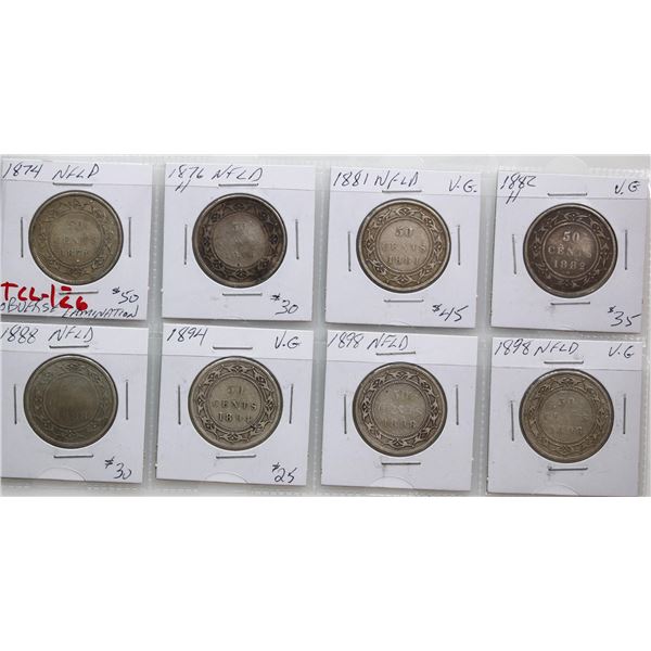 Nfld 50¢ 1874, 1876H, 1881, 1882H, 1888, 1894, 1898 Sm "W", 1898 Lg "W", Grades vary Good-4 to Very 