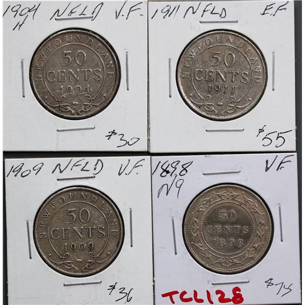 Nfld 50¢ 1898 Lg "W", 1904H, 1909, 1911, All 4 coins VF to EF.  A nice lot.