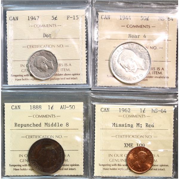 Canadian Decimal lot.  1888 1¢ Rep-middle 8 About Uncirculated-50, 1962 1¢ 'Missing "M" Choice Mint 