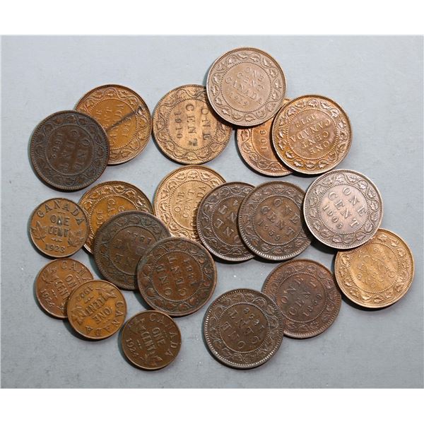 1858-1924 1¢ lot of 20 coins. Includes key dates.   VG to AU.  A nice lot.  The 1858 grades EF.