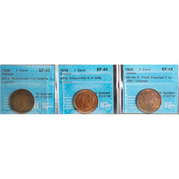1859 1¢ W9/8, Repunched T in Cent & 5 Extra Fine-40, W9/8, Repunched E in One Extra Fine-40, and N9,