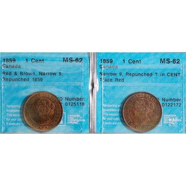 1859 1¢ N9, Repunched 1859 & 1859 N9, Repunched T in Cent, both CCCS Choice Mint State-62 RB, Trace 