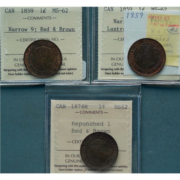 1859 1¢ Nar 9, Nar 9/Low 9 (RP-N) & 1876H RP-1 all ICCS Choice Mint State-62 Lustrous and RB.  Lot o