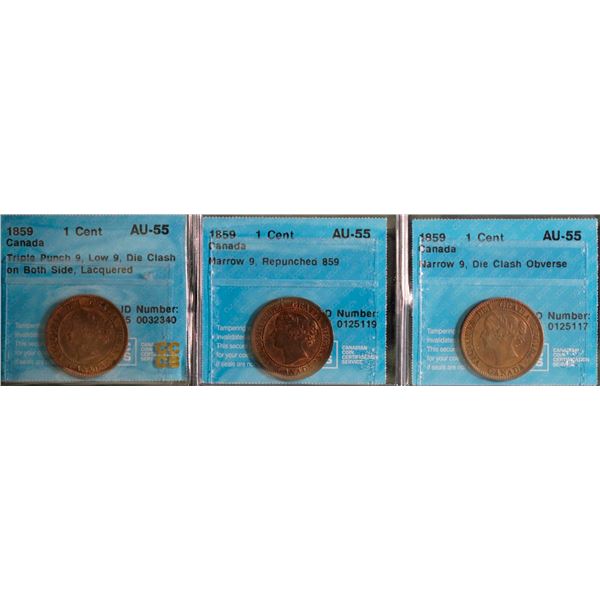 1859 1¢ Triple Punch 9, Low 9, Die Clash on Both Side, Lacquered, 1859 N9 Repunched 859, 1859 N9, Di