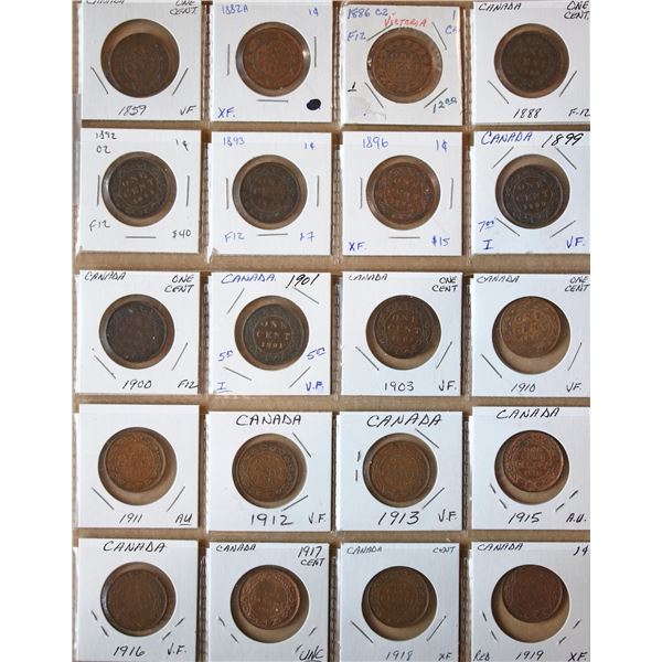 1859-1919 1¢, lot of 20 coins.  Grades vary from VG to UNC.