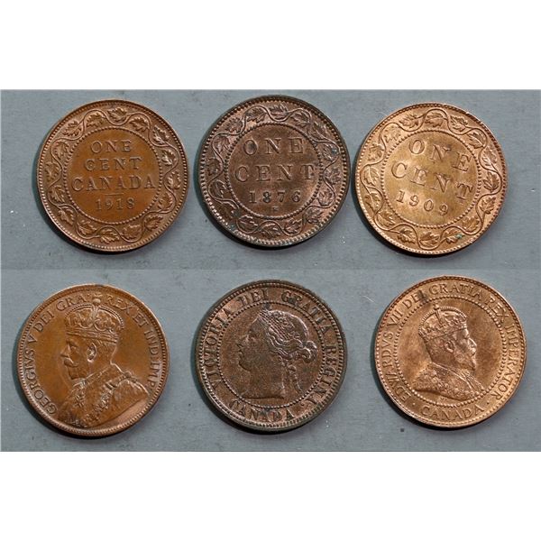 1876H 1¢, 1909, 1918, Lot of 3 coins AU to Choice Unc.