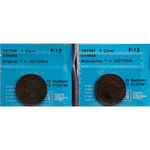 1876H 1¢ Original T in Victoria, & 1876 H Repunched T in Victoria both CCCS Fine-12.