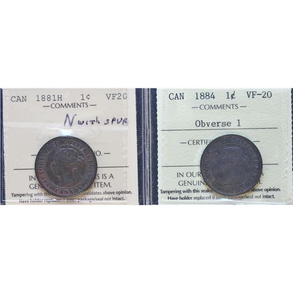 1881H 1¢ (N w/Spur) & 1884 1¢ Obv 1 both ICCS Very Fine-20.  Lot of 2 coins.