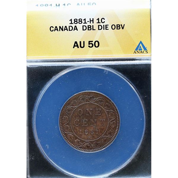 1881H 1¢ Dbl Die ANACS About Uncirculated-50.