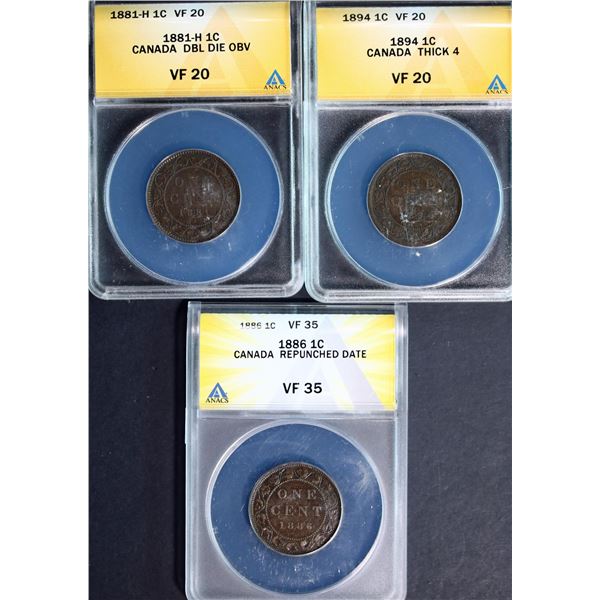 1881H 1¢ Dbl Die, 1894 Thick 4 & 1886 RP-1886 (TP-6) all ANACS Very Fine-20 to Choice Very Fine-35. 