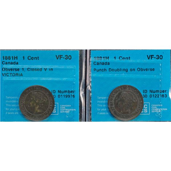 1881H 1¢ Obv 1, Closed V in Victoria &1881H Punch Doubling on Obverse both CCCS Choice Very Fine-30.