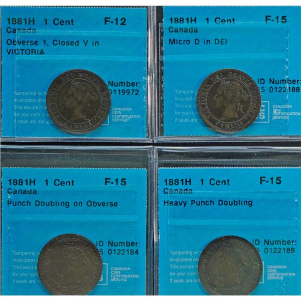 1881H 1¢ Obv1, Closed V in Victoria Fine-12, 1881H Micro D in DEI Choice Fine-15, 1881H Punch Doubli