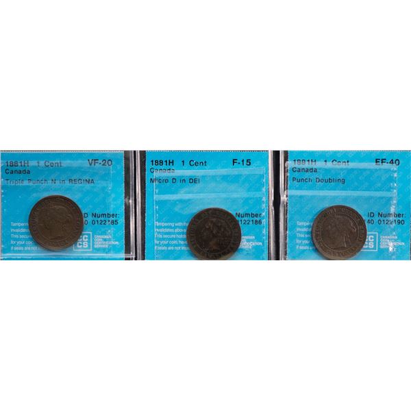 1881H 1¢ Triple Punch N in Regina Very Fine-20, 1881H Micro D in Dei Choice Fine-15, 1881H Punch Dou