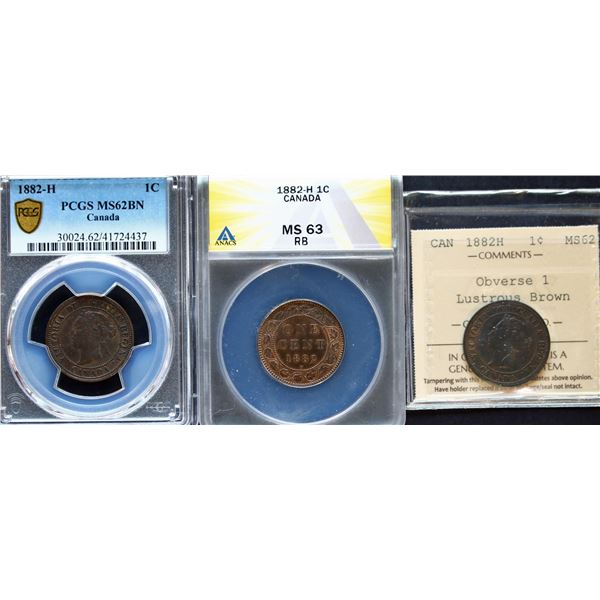 1882H 1¢ ANACS Choice Mint State-63RB, 1882H PCGS Choice Mint State-62BN & 1882H Obv 1 ICCS Choice M