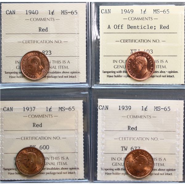 1937 1¢, 1939, 1940, and 1949 A Off Denticle, all ICCS Gem Mint State-65RED, lot of 4 coins.