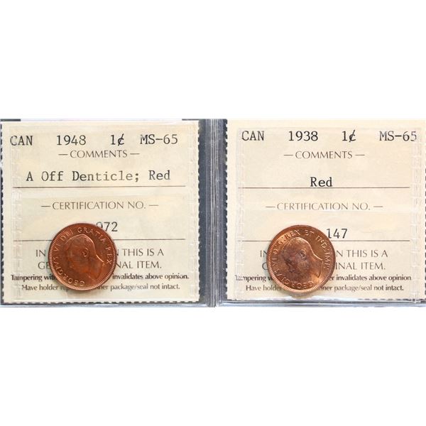 1938 1¢, 1948 A Off Denticles, both  ICCS Gem Mint State-65RED.