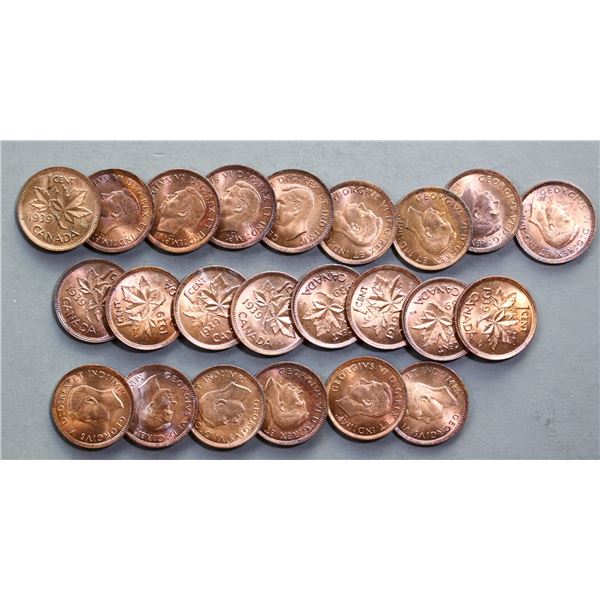 1939 1¢ Lot of 23 lustrous UNC to MS Red & RB pcs.  See Pic.