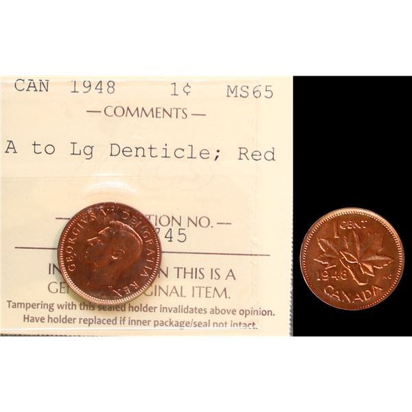 1948 1¢ "A to Lg Denticle" ICCS Gem Mint State-65 Red