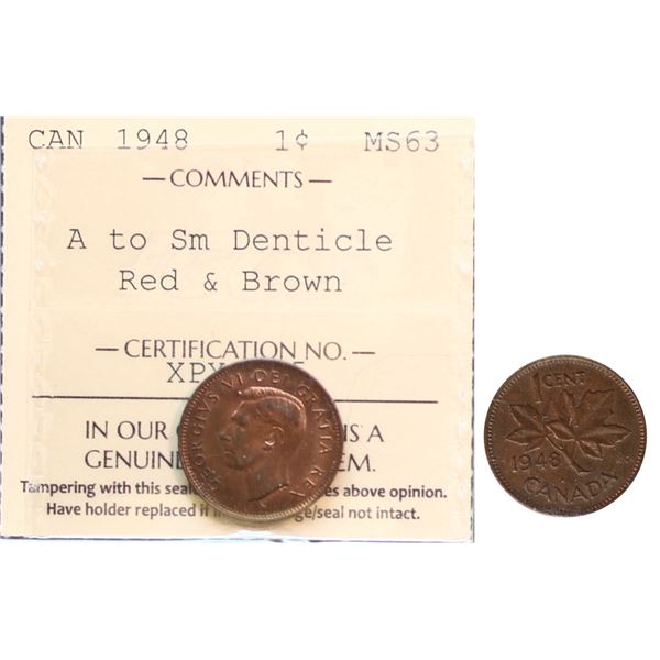 1948 1¢ A to Sm Denticle ICCS Choice Mint State-63RB.