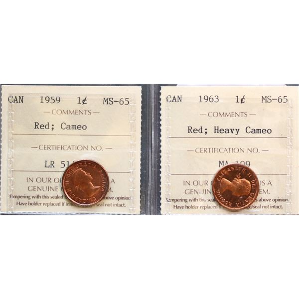 1959 1¢ Cameo, and 1963 HC, both ICCS Gem Mint State-65RED.