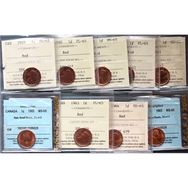 1959 1¢ to 1965 all graded Gem Mint State-65 to Gem Proof-Like-65 ICCS and CCCS.  Lot of 9 coins.  S