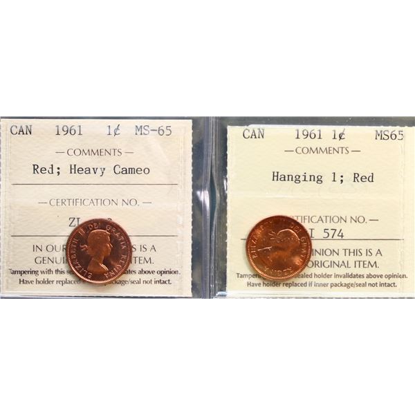 1961 1¢ HC and 1961 Hanging 1, both ICCS Gem Mint State-65RED.