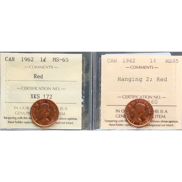 1962 1¢ and 1962 Hanging 2, both ICCS Gem Mint State-65RED.
