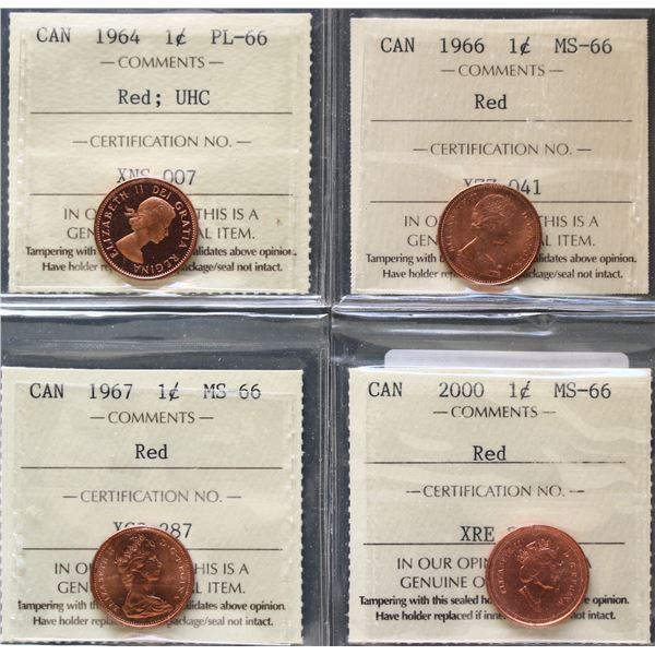 1964 1¢ Superb Gem Proof-Like-66 UHC, 1966, 1967 & 2000 all Superb Gem Mint State-66RED.  Lot of 4 c