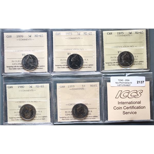 1970 5¢, 1973, 1975, 1980, 1989 & 2006 all ICCS Gem Mint State-65.  Lot of 6 gem coins.