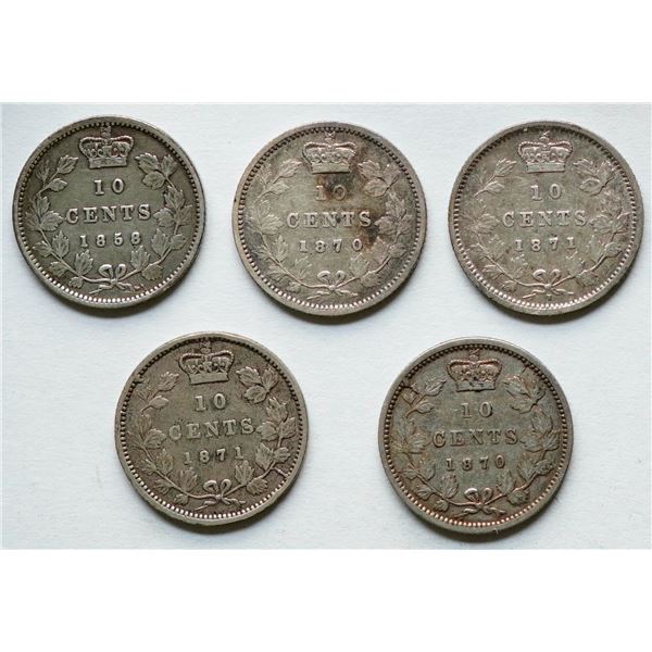 1858 10¢ to 1871H.  Lot of 5 pcs Fine to VF average w/some exceptions.