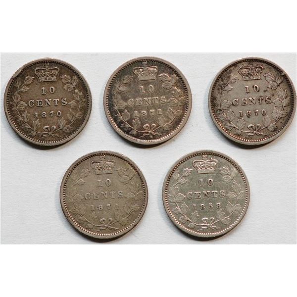 1858 10¢ to 1871H.  Lot of 5 pcs Fine to VF average w/some exceptions.